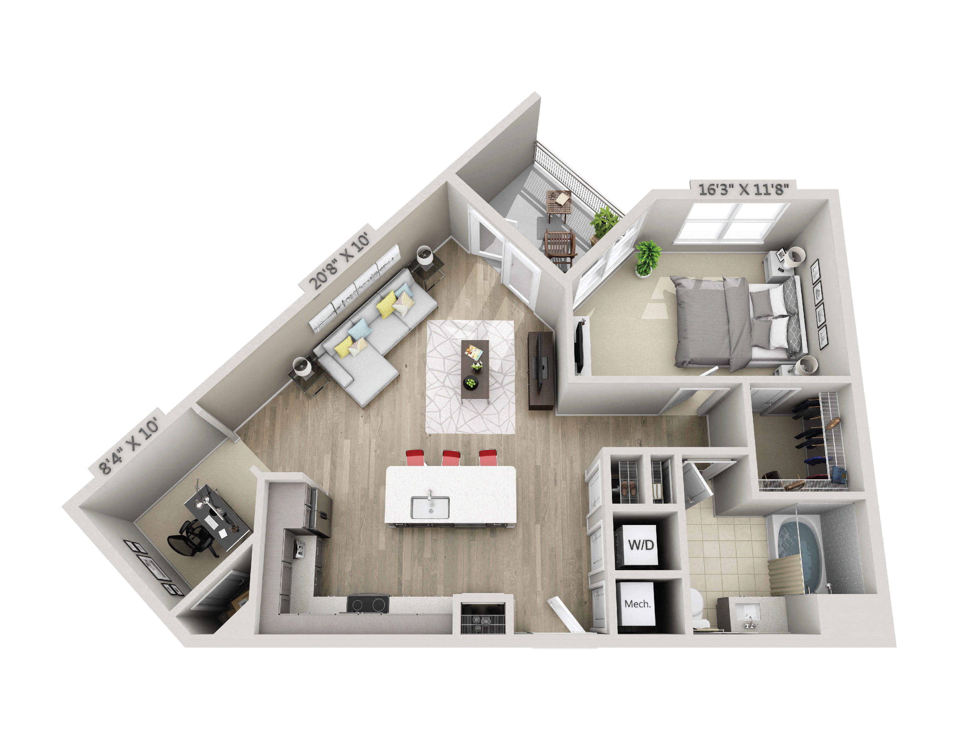 Floor plan for 1 bed, 1 bath, 920 sqft